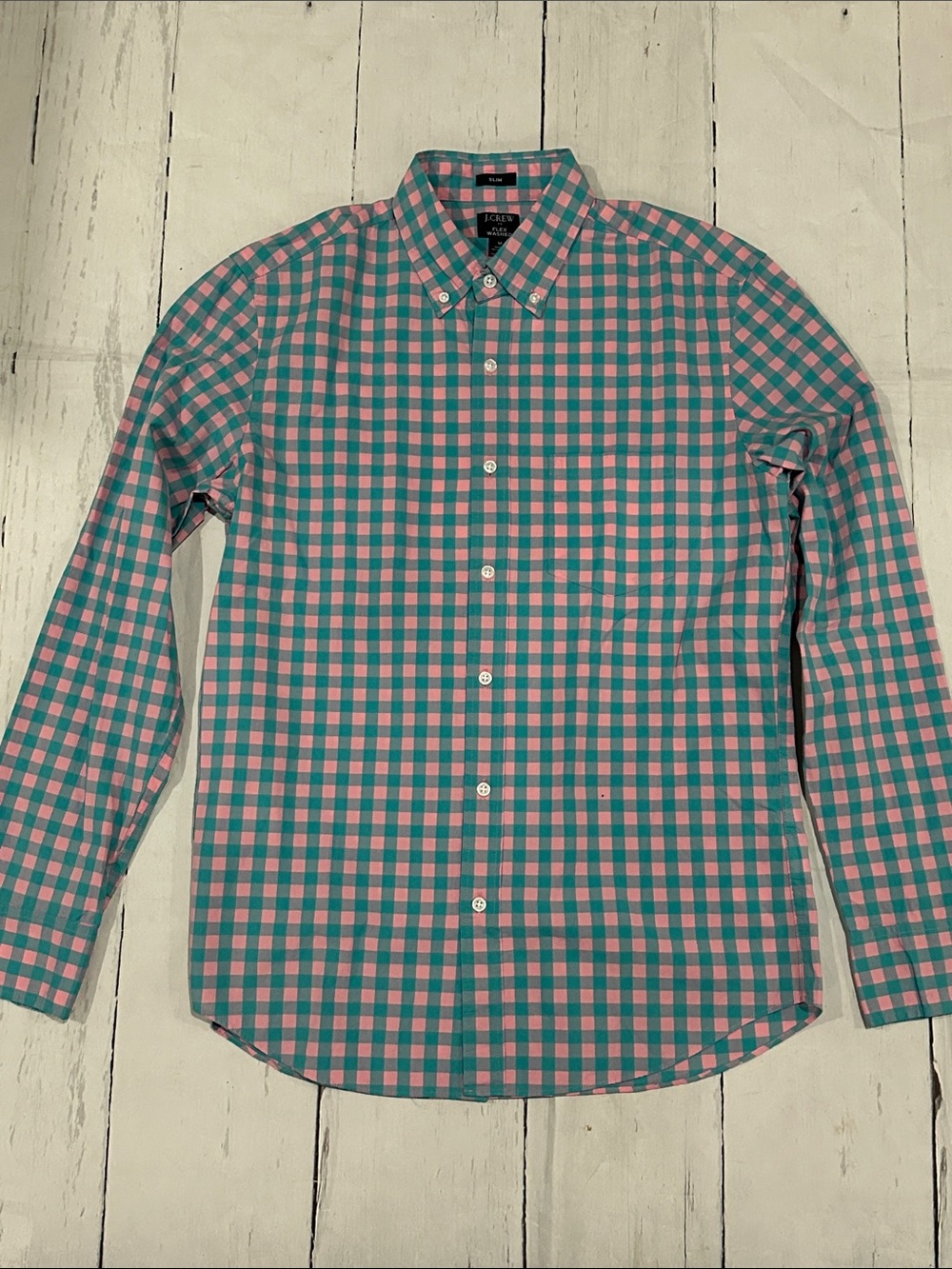 J. Crew Men’s Pink and Teal Gingham Button-Down Shirt flex washed medium nwt